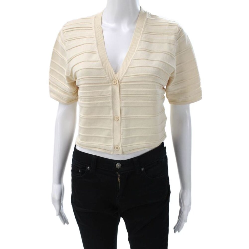 Oak + Fort Women Beige V-Neck Short Sleeve Cardigan Polyester Size S